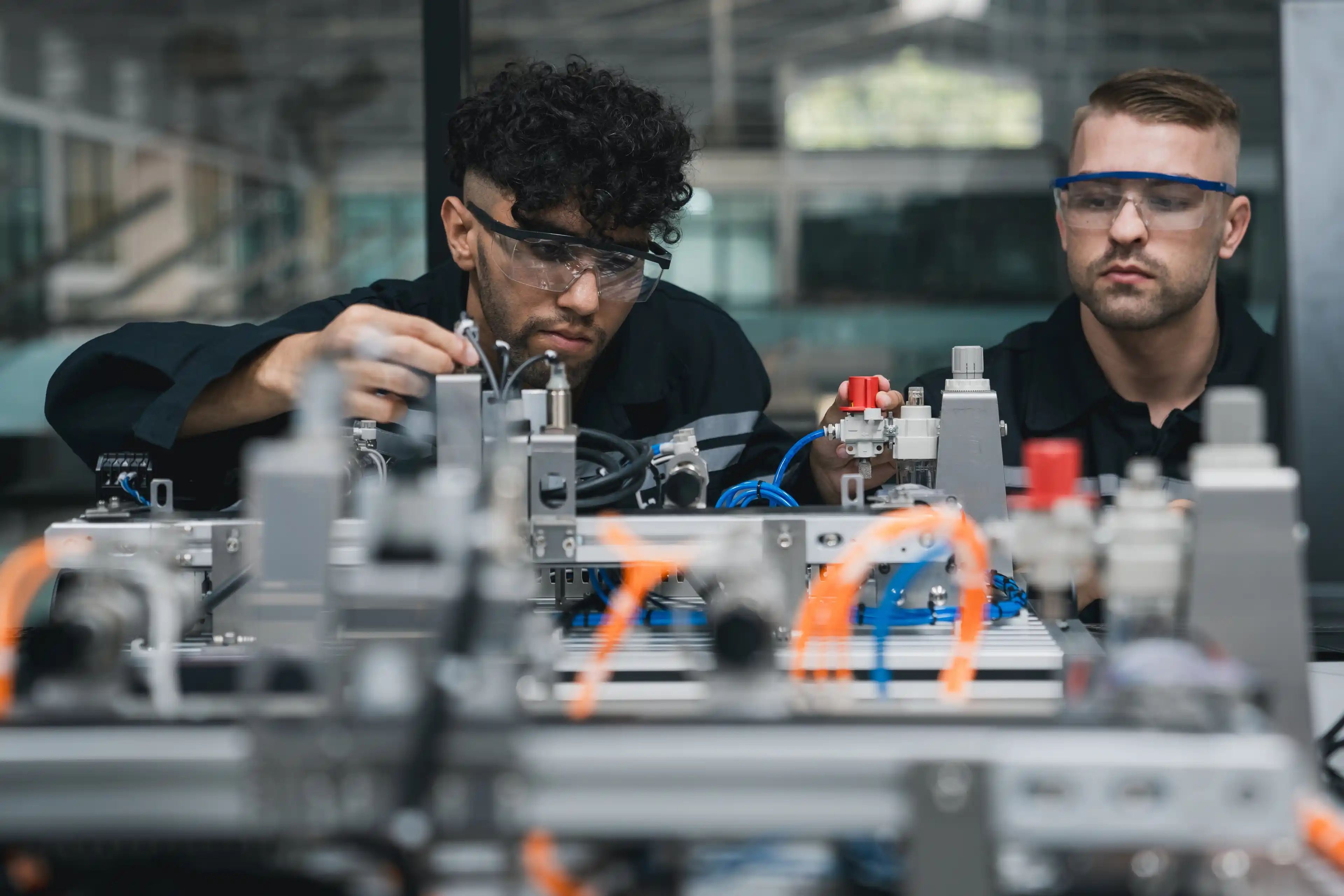 Two engineering students inspecting an electronic device