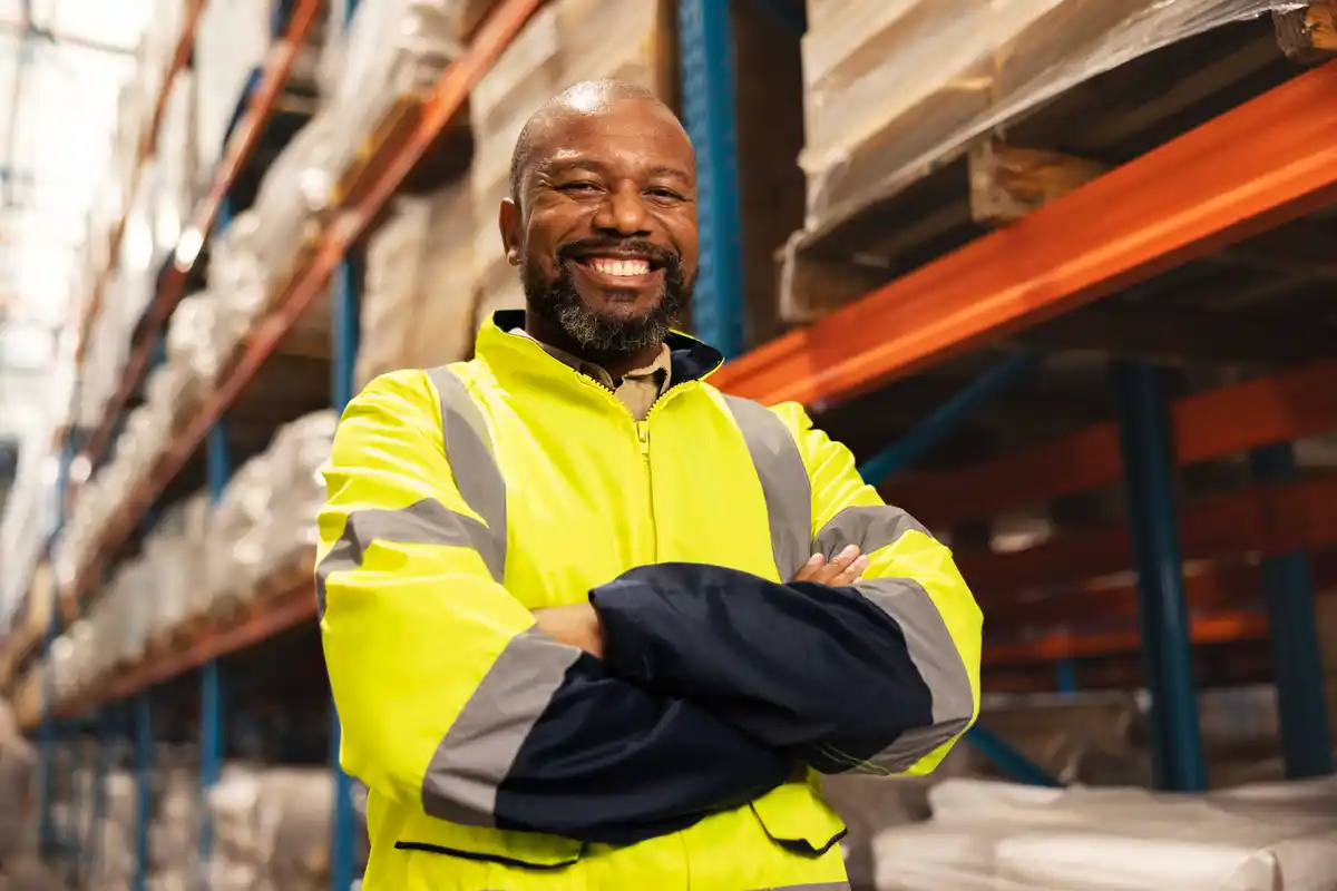 African male person or employee with smile and arms crossed in shipping industry at depot