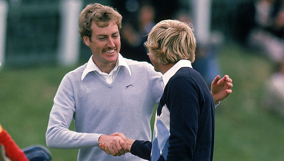 Simon Owen congratulates Jack Nicklaus on winning The Open in 1978