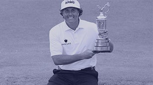 Phil Mickelson poses with the Claret Jug after winning The Open