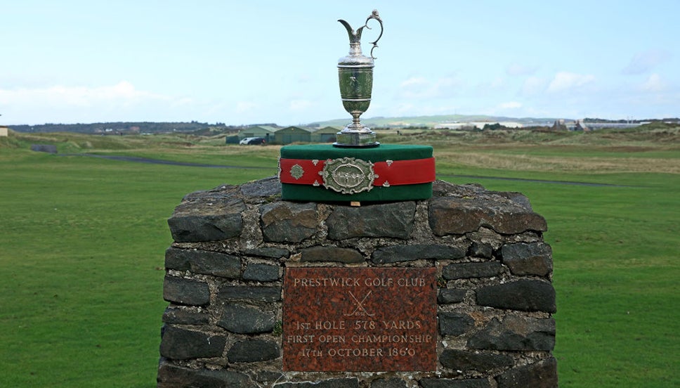 The Claret Jug on the first tee at Prestwick