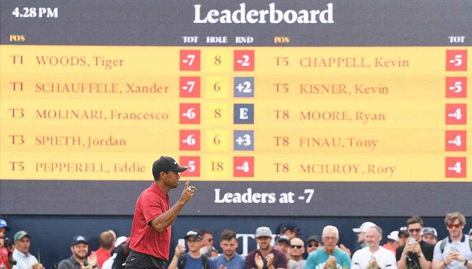 Tiger Woods in a share of the lead at Carnoustie during the final round of The 147th Open