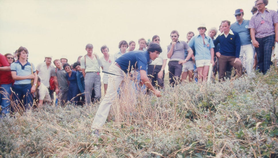 Seve Ballesteros searches for his ball in the final round of The 105th Open