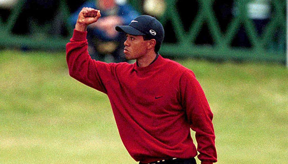Tiger Woods celebrates winning The Open in 2000