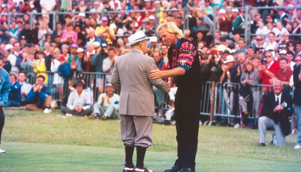 Gene Sarazen congratulates Greg Norman on his Open victory in 1993