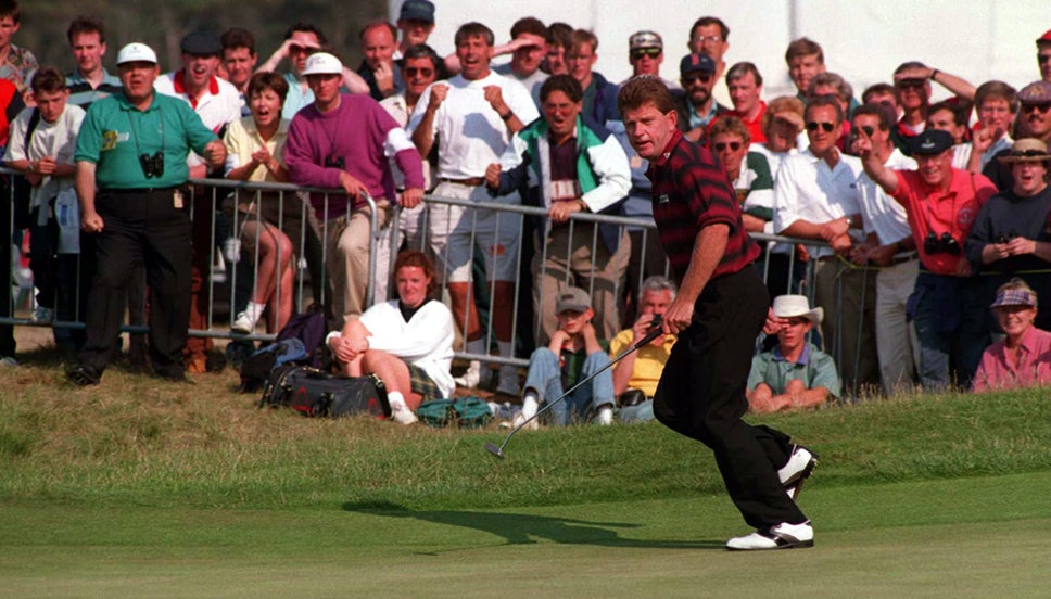 Nick Price celebrates his remarkable eagle at Turnberry