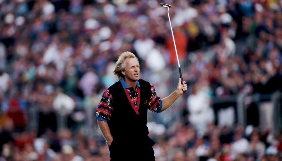 Greg Norman walks down Royal St George's 18th hole on his way to sealing a second Open win