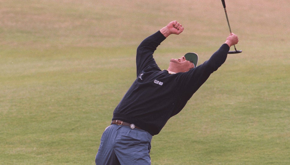 Costantino Rocca delights in his mammoth putt to force a play-off at The Open in 1995