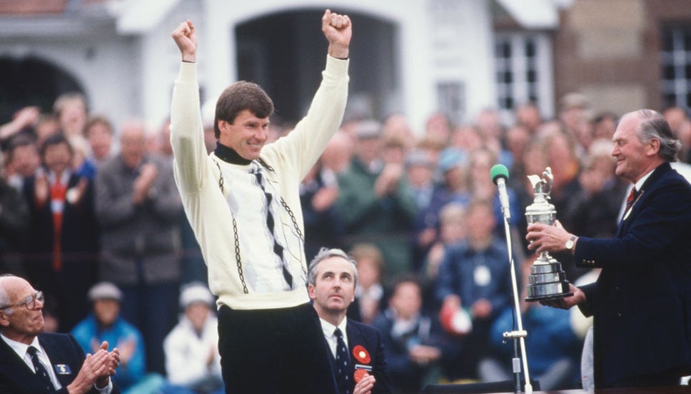 Nick Faldo is presented with the Claret Jug in 1987
