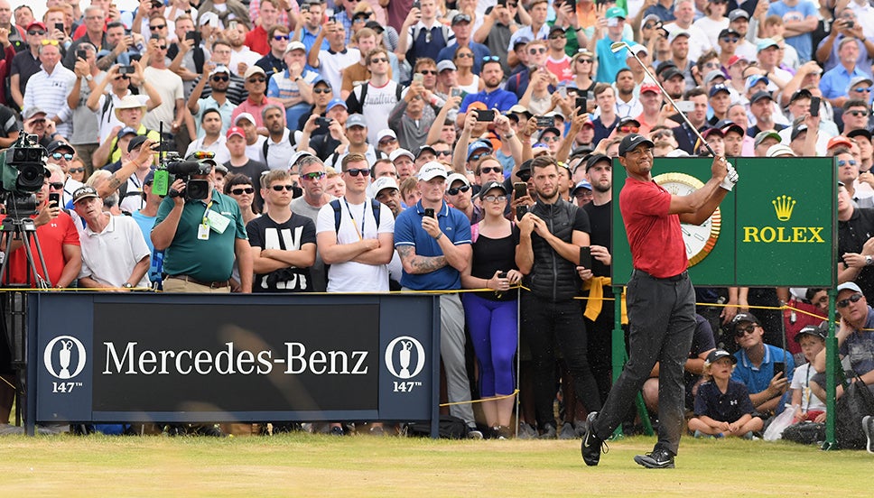 Tiger Woods is watched by a huge crowd at Carnoustie in 2018
