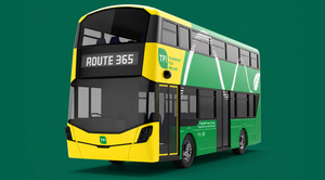 Green and yellow Bus Éireann bus on a great back ground operating a Route 365 service