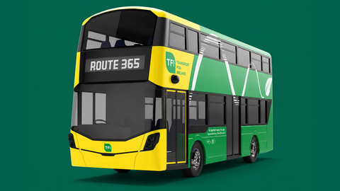Green and yellow Bus Éireann bus on a great back ground operating a Route 365 service