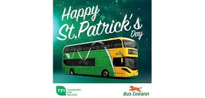 A graphic design saying happy St. Patrick's Day. Below the text is a green and yellow Bus Éireann Bus