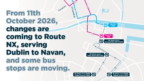 Image is of a map showing route changes on Bus Éireann NX service in Dublin