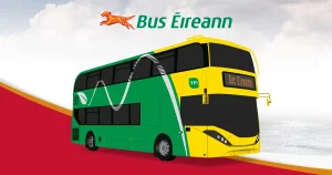Bus Éireann Logo, red setter leaping over the words Bus Éireann