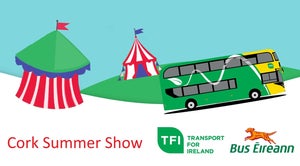 Image is of a bus with a carnival background and says Cork Summer Show