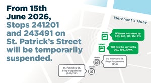 Image says stops 241201 and 243491 on St. Patrick Street moving temporarily