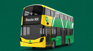 Image is of a green and yellow bus eireann bus with the Route NX on the front and a dark green backgound