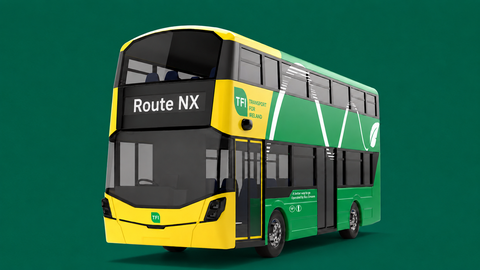 Image is of a green and yellow bus eireann bus with the Route NX on the front and a dark green backgound