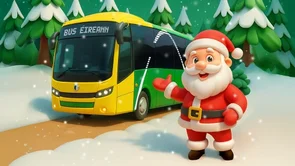 The image is a Christmas greeting from Bus Éireann, featuring a cartoon Santa Claus and a yellow and green bus in a snowy forest setting.