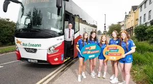 Enhanced Route 243, Newmarket to Cork. Pictured left to right in front of a Bus Éireann, red and white bus are Bus Éireann driver Tadhg Buckley with Leah Lyne, Ava Murphy, Eimear Buckley, Chloe Drumond and Sorcha Buckley from Grenagh Camogie & LGFA club.