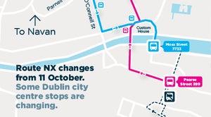 Image is of a map showing route changes on Bus Éireann NX service in Dublin