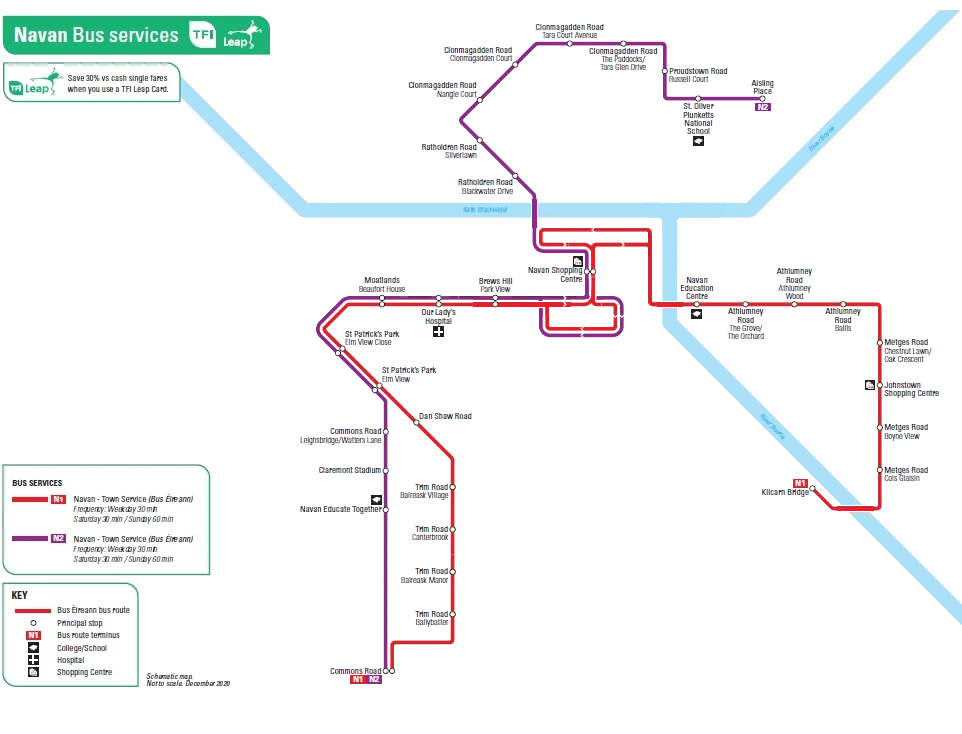 Map of all the bus routes serving Navan Town