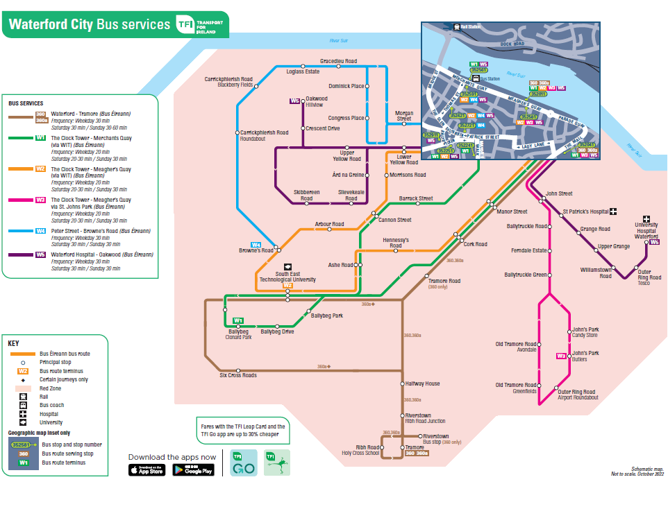 Map of all the bus routes serving Waterford City