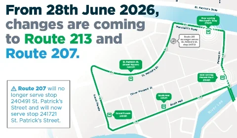 Map of route changes to Cork City Routes 207 & 213