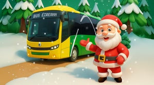 The image is a Christmas greeting from Bus Éireann, featuring a cartoon Santa Claus and a yellow and green bus in a snowy forest setting.