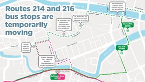 South Main Street is closed until 3 March and route 214 will pick up at Clontarf Street, Anglesley Street and Sullivan’s Quay. Route 216 will pick up at Sullivan’s Quay