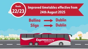Image is a cartoon of a red Expressway bus driving on a road with clear skies and the words route 22/23, improved timetables effective from 24 August 2025