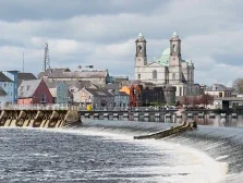 Spring in Athlone town Saints Peter and Paul church over river view, county Westmeath, Ireland