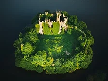 Aerial view of ruins of McDermott Castle on Castle Island, a 0.23 hectare island in the southeastern corner of Lough Key in Roscommon County.