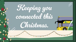 A drawing of a Christmas tree connected by Christmas lights to a green and yellow Bus Éireann bus called "keeping you connected this Christmas"
