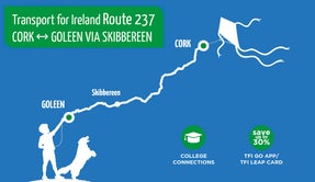 Image is a mapped line between Cork City and Goleen made to look like the string of a kite