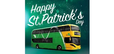 A graphic design saying happy St. Patrick's Day. Below the text is a green and yellow Bus Éireann Bus