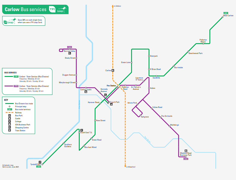 Map of the bus routes serving Carlow Town