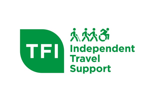 an image of the Independent Travel Support logo.  It is a green and white logo containing the words Independent Travel Support and has three people on it walking in single file, one with a cane, and a fourth person, in front of the other three, wheeling themselves in a wheelchair