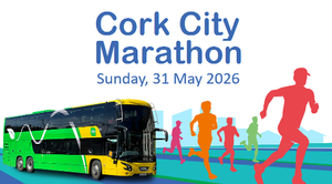 A graphic of a Bus Éireann green and yellow bus with drawings of people running.