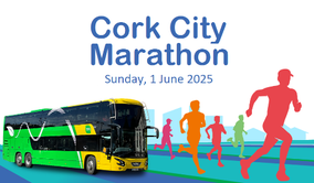 A graphic of a Bus Éireann green and yellow bus with drawings of people running.
