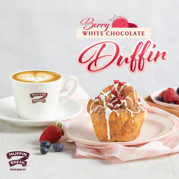 Introducing Muffin Break’s ALL NEW Berry White Chocolate Duffin! Using their famous Cinnamon Sugar Duffin base, oozing with Strawberry jam filling, topped with a drizzle of White Chocolate and a sprinkling of raspberries - it’s the perfect winter treat! Available now at Muffin Break!