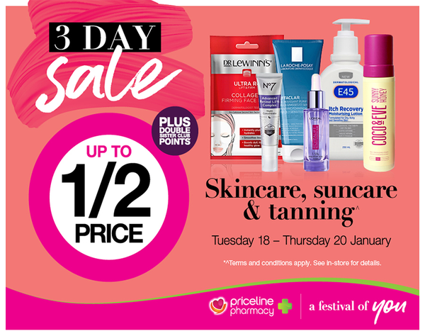 Priceline’s 3 day skincare, suncare and tanning sale is on now! 
With up to half price skincare, suncare and tanning, 
Plus, up to half price vitamins, 
And half price makeup from Revlon, NYX professional makeup, and Thin Lizzy.