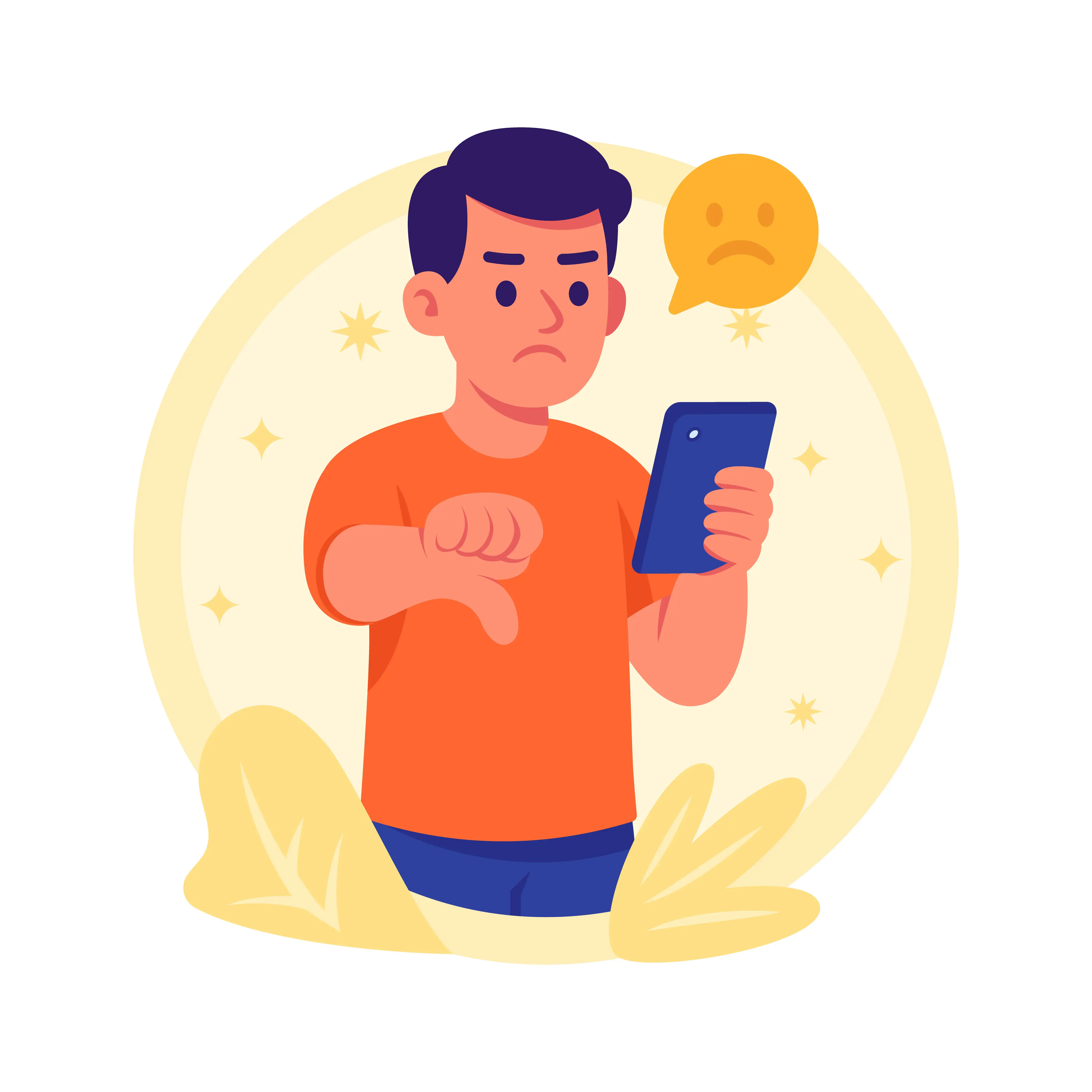 Ilustración de usuario de redes sociales con expresión de disgusto por lo que ve.