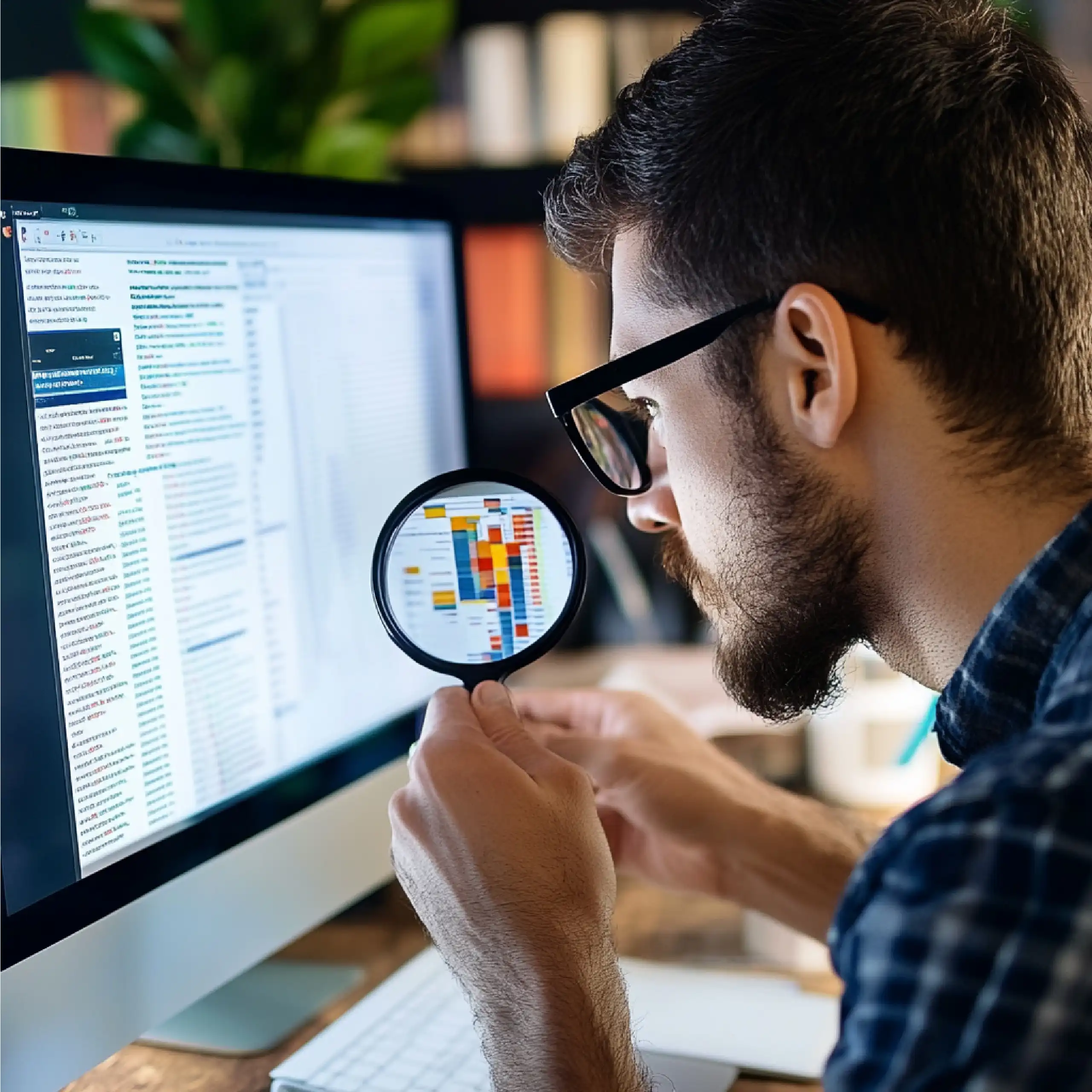 Experto en SEO revisando con lupa en una pantalla el sitemap -o mapa de sitio- de la página web.