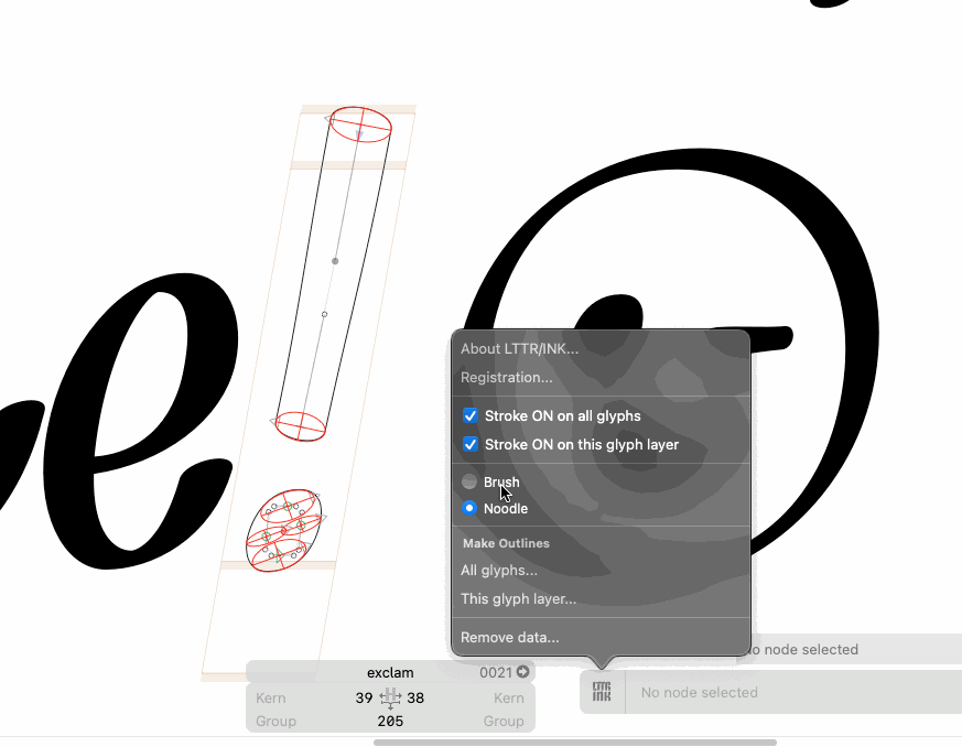 The brush stroke in LTTR/INK plugin for Glyphs keeps its rotation when curve handles are moved. 