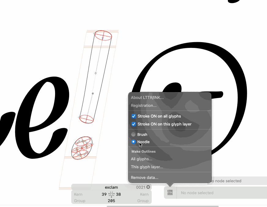 The noodle stroke in LTTR/INK plug-in for Glyphs follows the direction of the path when curve handles are moved. 