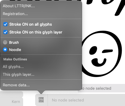 The preview of setting up noodle stroke in LTTR/INK plug-in for Glyphs.