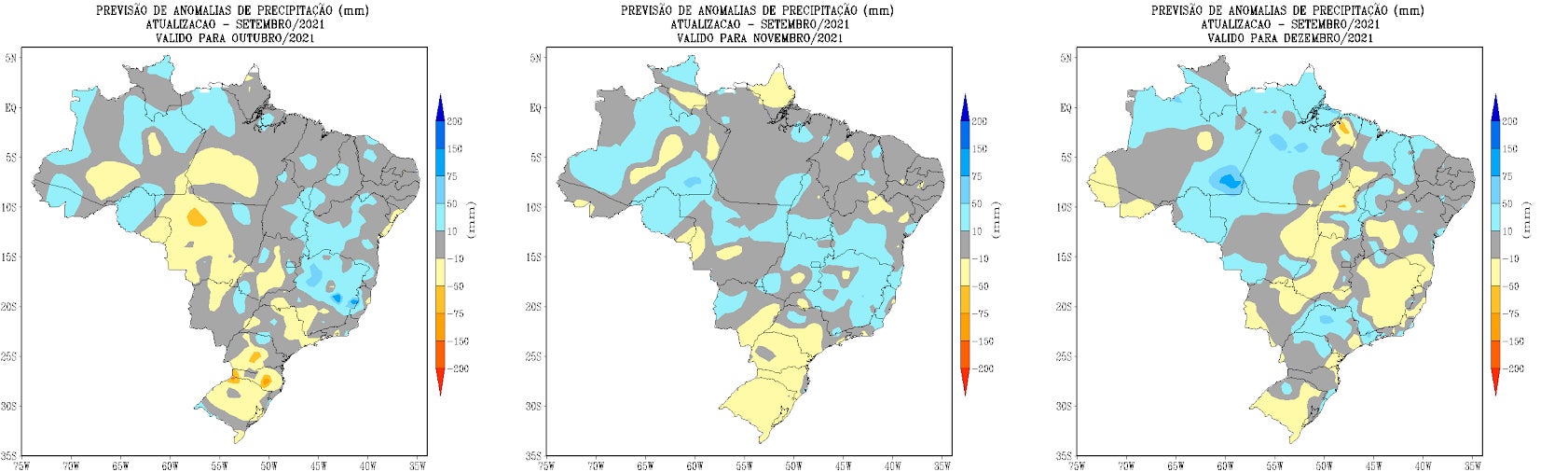 Mapas meteorológicos de previsões de anomalias de chuvas em outubro, novembro e dezembro de 2021, em milímetros, cujas colorações são azul acinzentadas distribuídas por todos os estados do Brasil, e amarelo claro, mais concentrado nas regiões sul, dentro oeste e de Minas Gerais.