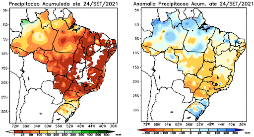  2 Mapas meteorológicos de comparação do Volume total de chuvas no Brasil em setembro/21, de coloração vermelho alaranjada, e desvios (anomalias) de chuvas frente à média histórica do período, em milímetros, de colocação azul alaranjada.